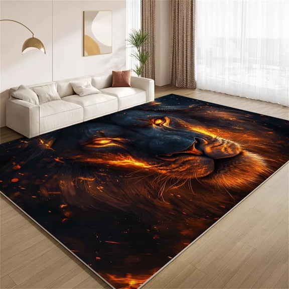 Burning Flame Lion Area Rugs, Fierce Animal Pattern Carpet, Washable Non Slip Low Pile Soft Rug for Living Room Bedroom Office Decor Mat 2ftx3ft