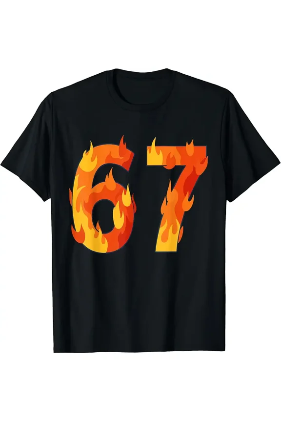 Burning Flame Number 67 for Unisex Birthday Gift Short Sleeve Graphic T-Shirt