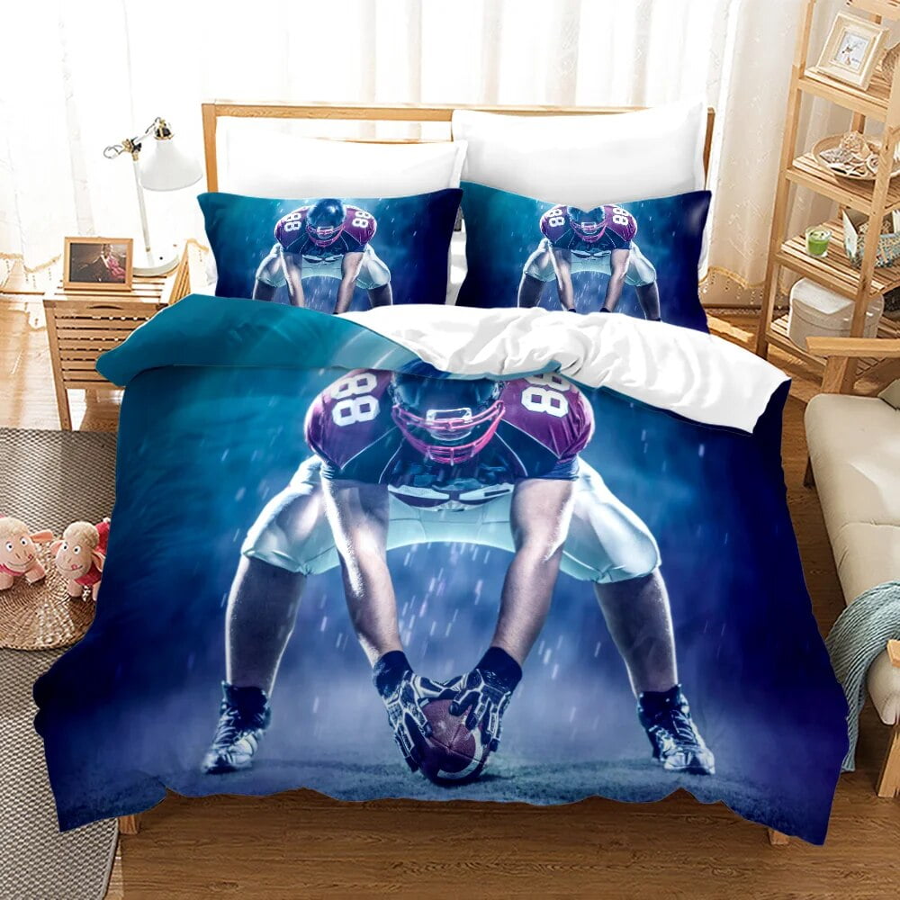 Burning Football Duvet Cover Set King Size for Boys Women Men Blue and Red Flame Bedding Set