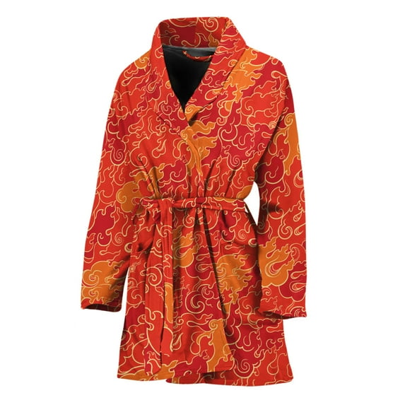Burning Japanese Flame Pattern Women Bathrobe One Size Univeral Fits, Japanese Style Vibe Fashion Lightweight Plush Fleece Long Robe For Women