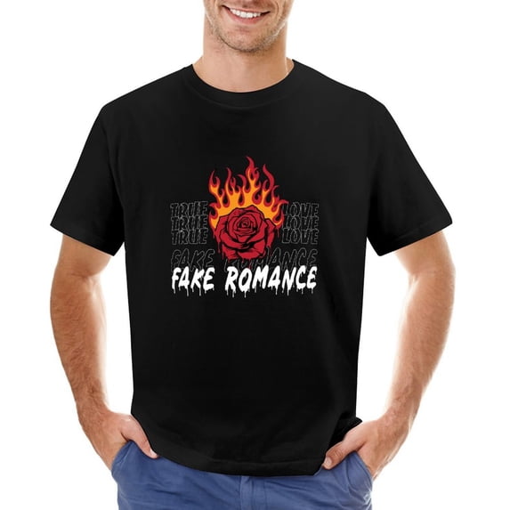 Burning Rose with FAKE ROMANCE Men’s T-Shirt 100% Cotton Casual Short Sleeve Tops Gift Tee Black S