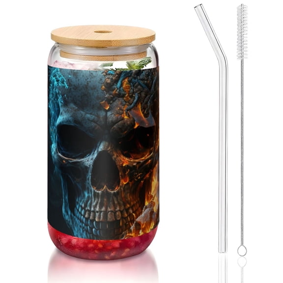Burning Skull Head Death Fire Flaming 16oz Can Shaped Glass Cup with Bamboo Lid Straw Brush, Reusable Iced Coffee Beer Can Glass Tumbler for Soda, Tea, Cocktails
