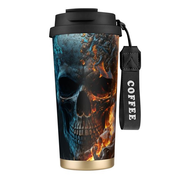 Burning Skull Head Death Fire Flaming 316 Stainless Steel Coffee Tumbler with Lid Straw, Vacuum Insulated Travel Mug, Reusable Coffee Cup with Wrist Strap