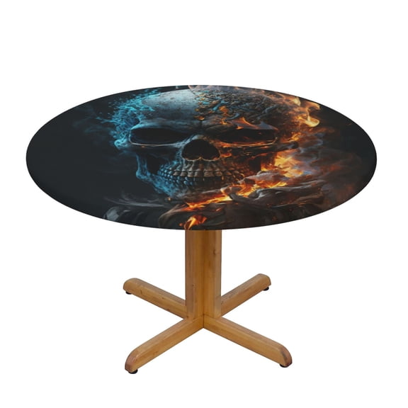 Burning Skull Head Death Fire Flaming Fitted Round Tablecloth 130cm with Elastic Edge, Waterproof Table Cover Furniture Protector for Patio, Dining Room Restaurant