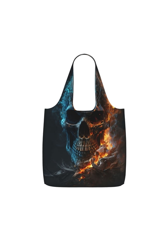 Burning Skull Head Death Fire Flaming Foldable Reusable Shopping Bag Large Capacity Tote Handbag Storage Pouch for Travel Work
