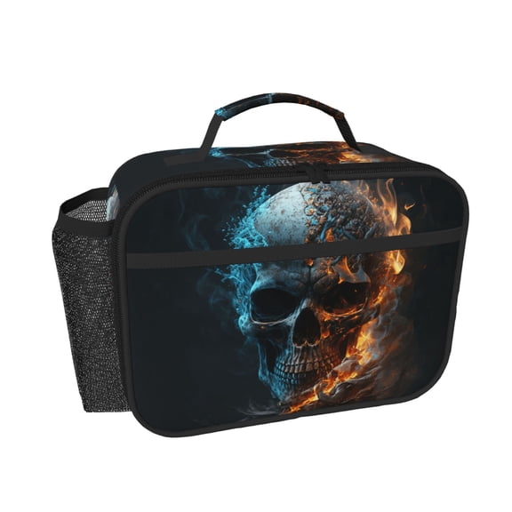 Burning Skull Head Death Fire Flaming Insulated Lunch Bag, Thermal Meal Prep Tote with Pockets Leakproof Lunch Box for Work Office Travel Picnic