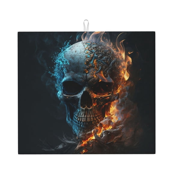 Burning Skull Head Death Fire Flaming Kitchen Drying Mat 18x16 Inch Ultra Absorbent Countertop Mat Foldable with Hanging Loop