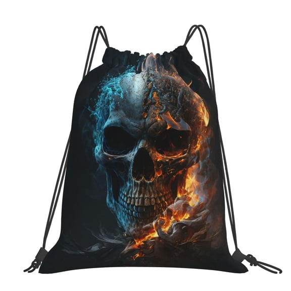Burning Skull Head Death Fire Flaming Large Drawstring Backpack Casual Cinch Sack Bag Backpack for Sports Hiking Travel Gym