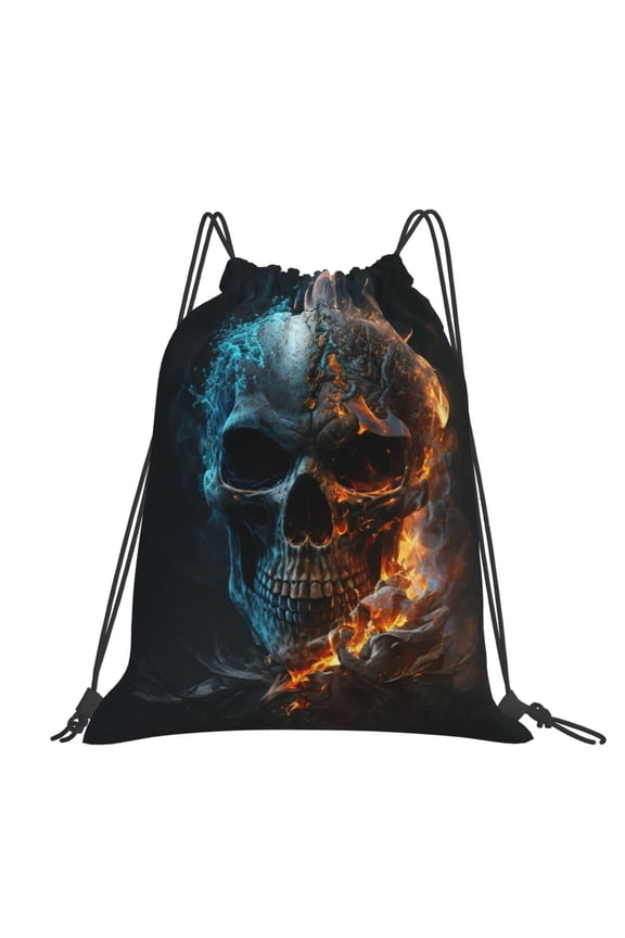 Burning Skull Head Death Fire Flaming Large Drawstring Backpack Casual Cinch Sack Bag Backpack for Sports Hiking Travel Gym