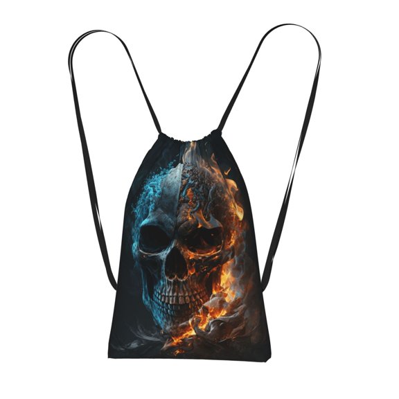 Burning Skull Head Death Fire Flaming Packable Drawstring Backpack, Lightweight Foldable Cinch Storage Bag for Gym Travel Shopping