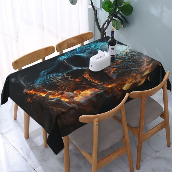 Burning Skull Head Death Fire Flaming Rectangular Tablecloth 54"x 72" Waterproof Rectangle Table Cover Cloth for Kitchen Dining Room Picnic Home Party