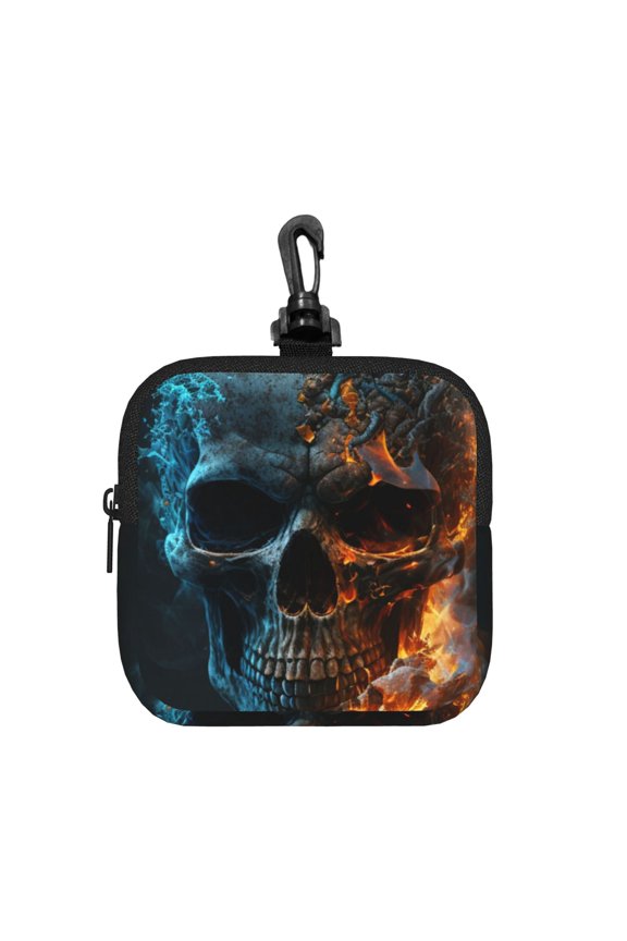 Burning Skull Head Death Fire Flaming Square Gear Pouch with Lobster Clasp Waterproof Tech Accessory Organizer, Key & Coin Case