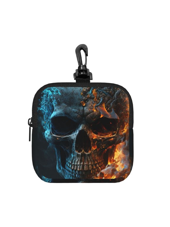 Burning Skull Head Death Fire Flaming Square Gear Pouch with Lobster Clasp Waterproof Tech Accessory Organizer, Key & Coin Case