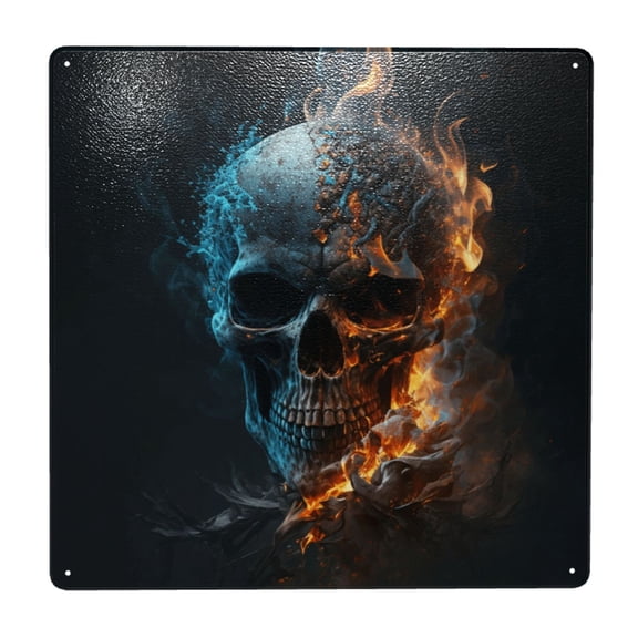 Burning Skull Head Death Fire Flaming Square Metal Sign 12x12 Inch Tin Sign Wall Decor Decorative Plaque for Bar, Cafe, Restaurant