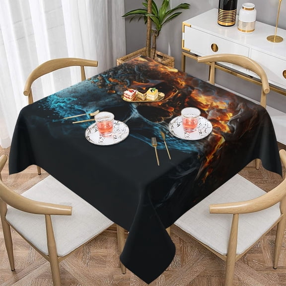 Burning Skull Head Death Fire Flaming Square Tablecloth 54x54 Waterproof Table Cover for Dining Table, Parties, Weddings, Picnics, Cafes