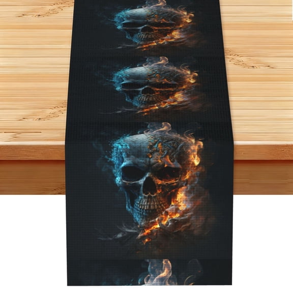 Burning Skull Head Death Fire Flaming Table Runner 13x72 Inch for Dining Table Kitchen Wedding Party Decor Fireplace Mantle