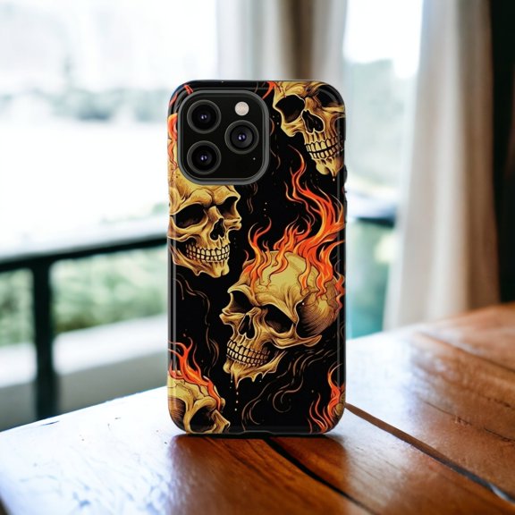 Burning Skulls Spooky Flaming Skull Tough Phone Case, Dual-Layer Protective Cover for iPhone