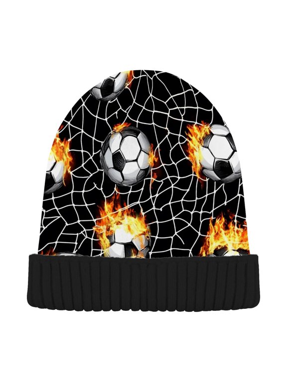 Burning Soccer Balls Print Knit Beanie Winter Hat Skull Cap for Women Men