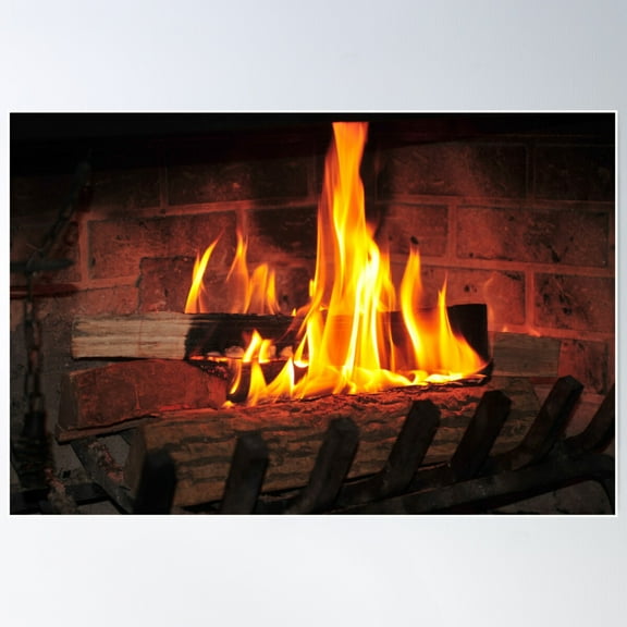 Burning fire at fireplace. Can be used as background. Poster, 8x12 UNFRAMED