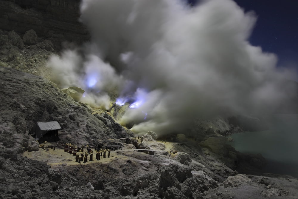Burning sulphur in mining area on Kawah Ijen Volcano Java Indonesia Canvas Art - Richard RoscoeStocktrek Images (35 x 23)