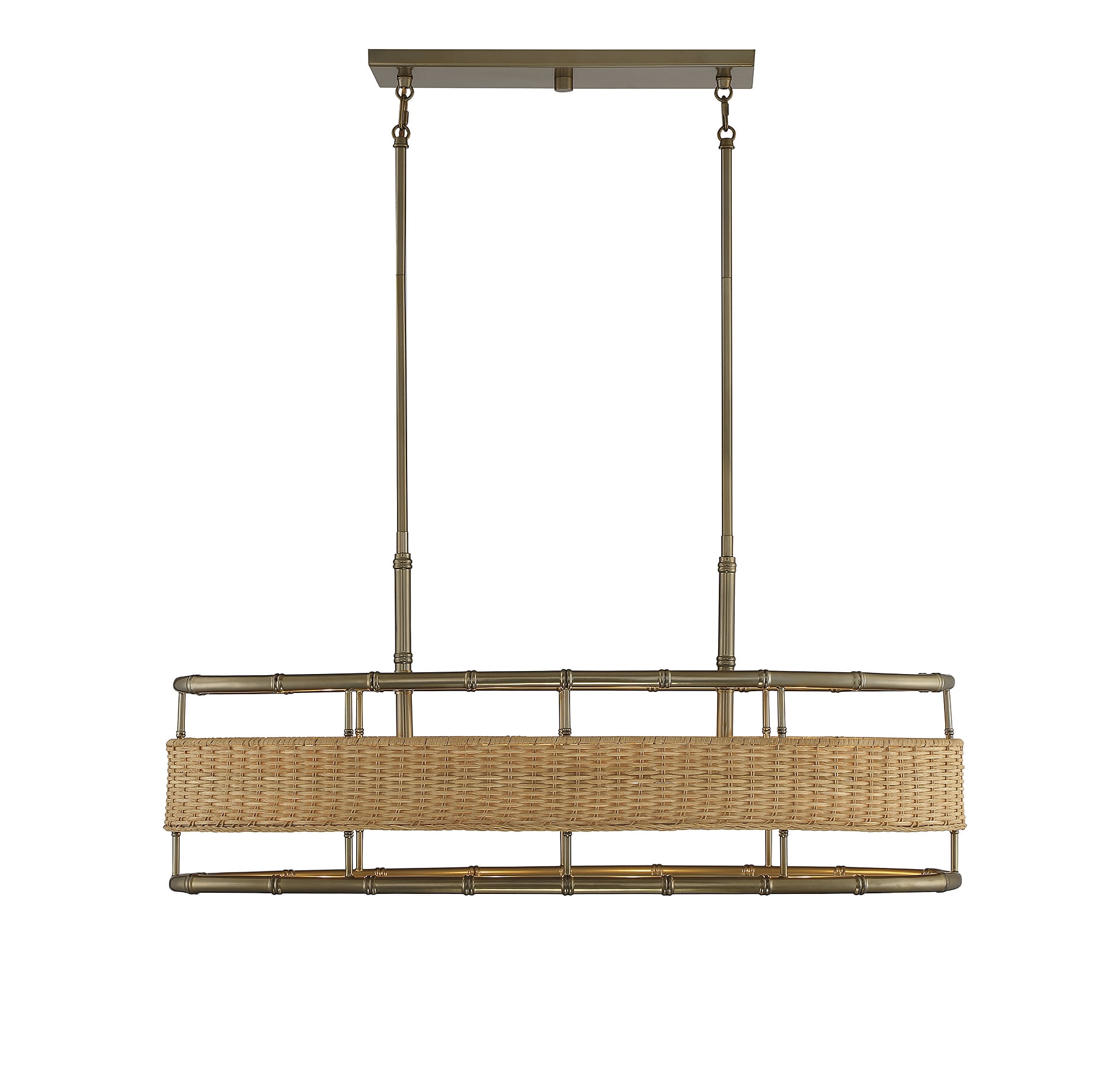 Arcadia 4-Light Linear Chandelier in Warm Brass with Natural Rattan