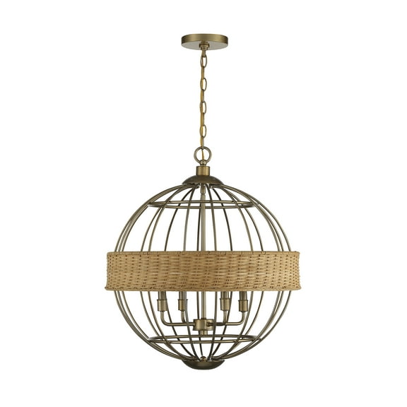 Burnished Brass with Natural Rattan Four Light Pendant from the Boreal Collection