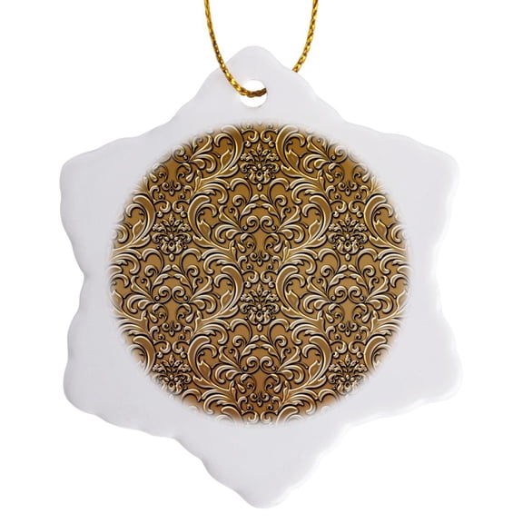 3drose, Burnished Gold Large Flourish Metal Effect Pattern, 3 inch Snowflake Porcelain Ornament