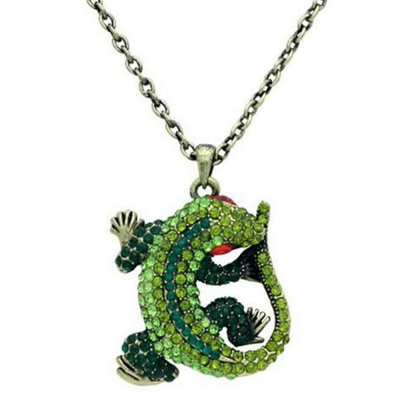 Burnished Gold Rhinestone Salamander Necklace, Green