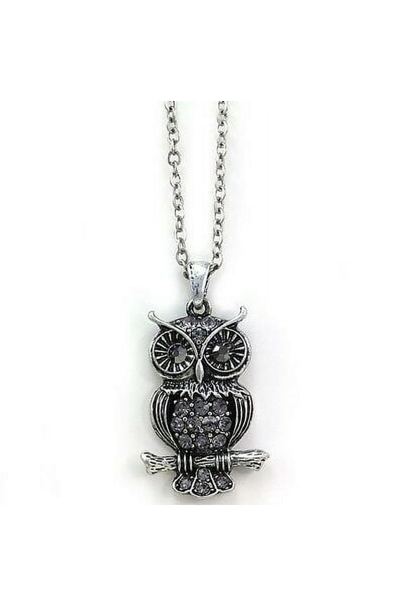 Burnished Silver Vintage Style Black Eyes Owl Bird Animal Charm Pendant Necklace