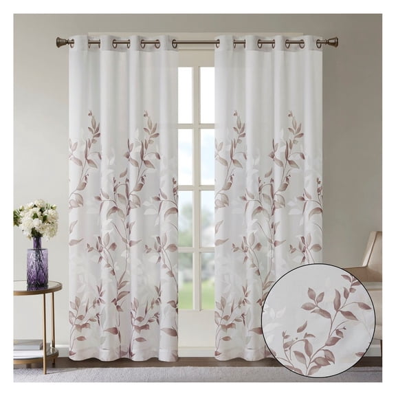 Burnout Curtains 50x84 Inch, Botanical Floral Semi Sheer Window Panel - Mauve Burnout Design with Silver Grommets, OEKO-TEX Certified