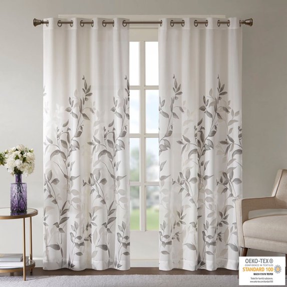 Burnout Printed Curtain Panel, Botanical Window Curtains with Grommet Top, Lightweight Semi-Sheer Curtains for Home, Bedroom, Bathroom, 50''x84", Grey