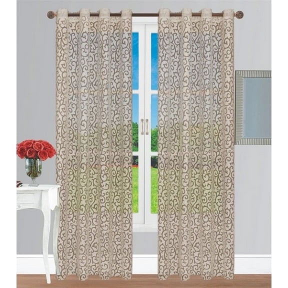 Burnout Sheer Curtain, Modern Contemporary Lightweight Window Treatment for Living Room with Grommet Top, 2 Panel Pack, Camel