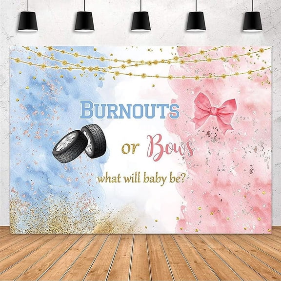 Burnouts or Bows Beautiful Backdrop Bows or Burnouts Gender Reveal Party Decoration Photography Background Watercolor Rose Gold and Navy Blue He or She Pregnancy Reveal Surprise Party Banner
