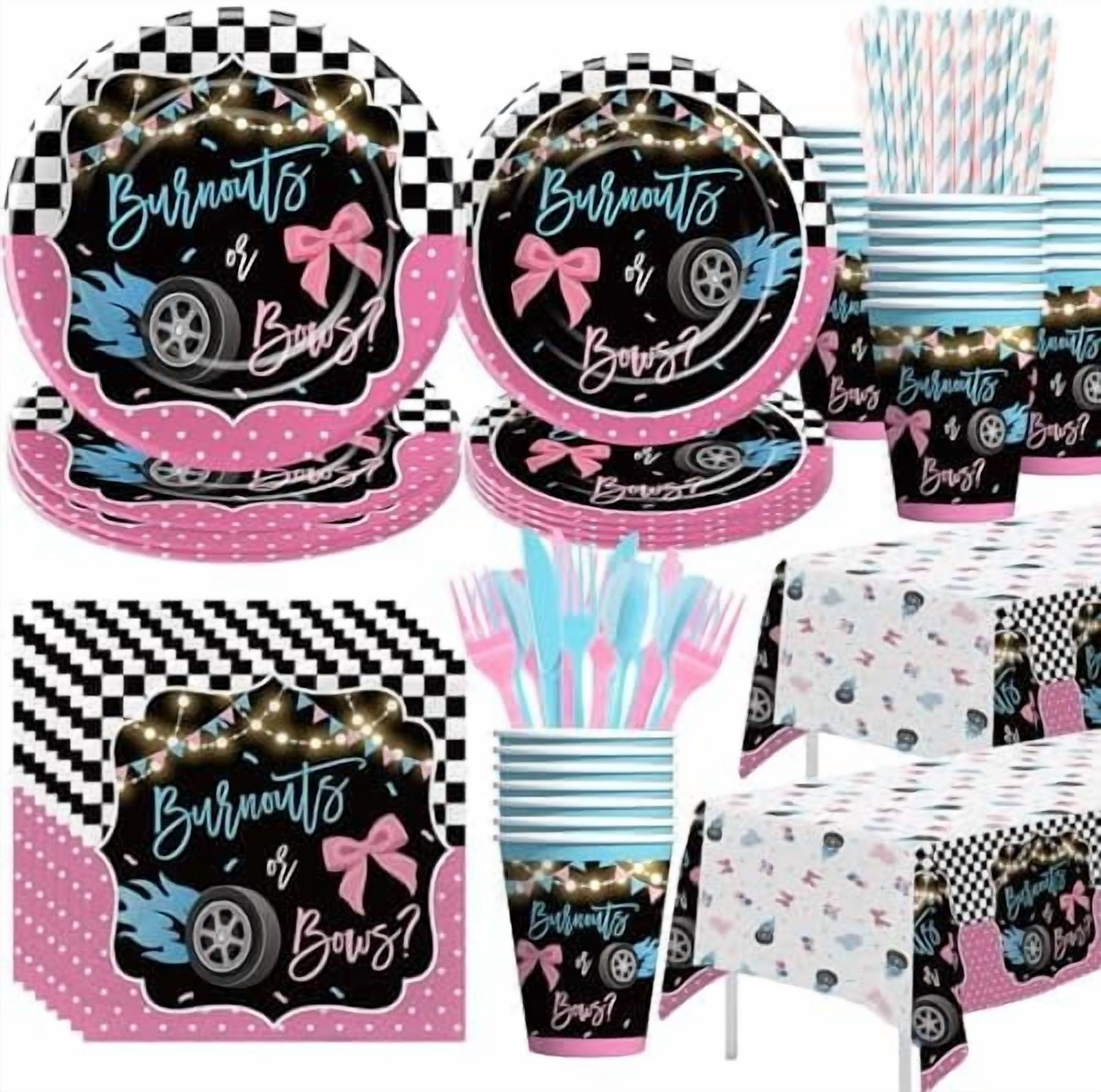 Burnouts or Bows Gender Reveal Decorations Tableware, Boy or Girl Gender Reveal Party Supplies, Plate, Cup, Napkin, Cutlery, Tablecloth, Race Car vs Bows Baby Shower Decorations, Serves 24$$