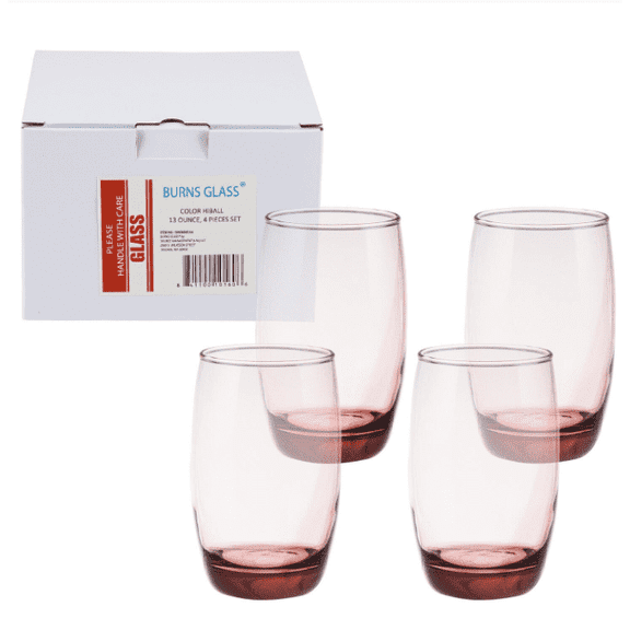 Burns Glass Color Hiball Glass Set — 13 oz, 4-Piece Drinking Glasses Set