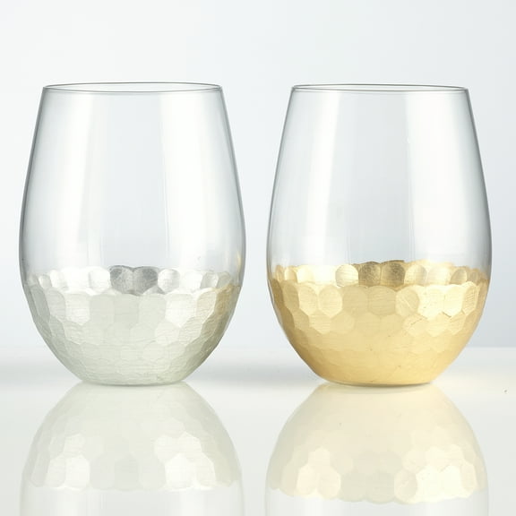 Burns Glass Stemless Wine Glasses 18 oz with Hammered Silver and Gold Design (Set of 2)