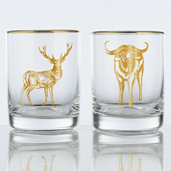 Burns Glass Whiskey Glasses, Buck and Gold Buffalo Double Old Fashioned , 11.75 oz (Set of 2)