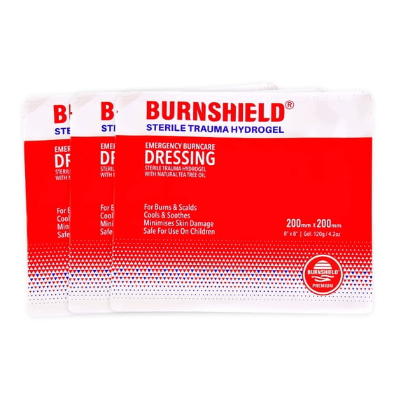 Burnshield Sterile Emergency Burn Dressing 8”x8” (20cm x 20cm)”Cools The Burn” – 3 Pack