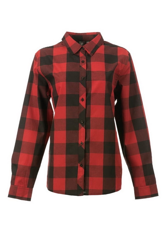 B21586724 Women Buffalo Plaid Long Sleeve Shirt, Red & Black - Medium