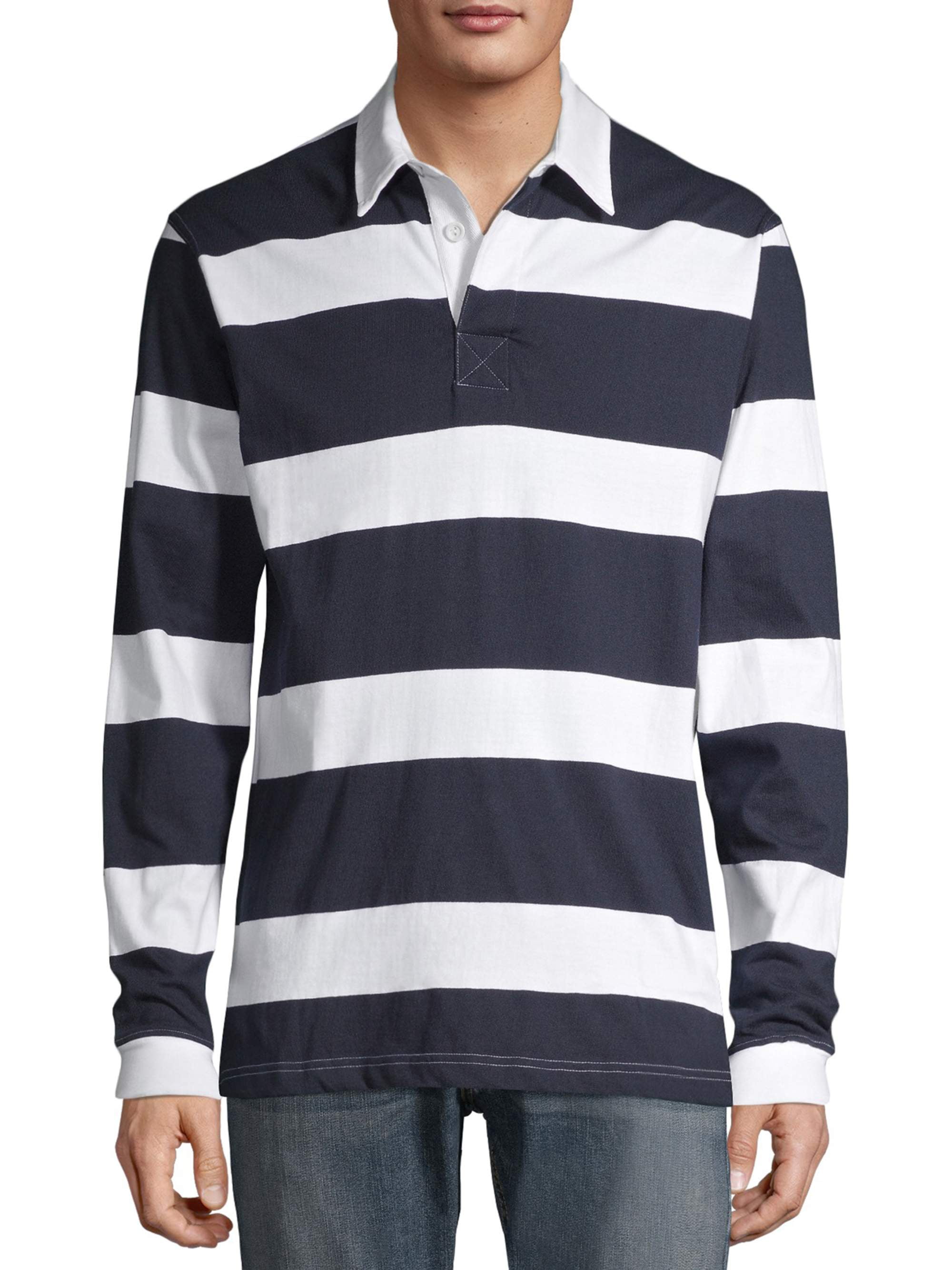 Men's Long Sleeve Big Striped Rugby Polo (Navy, 2XL)