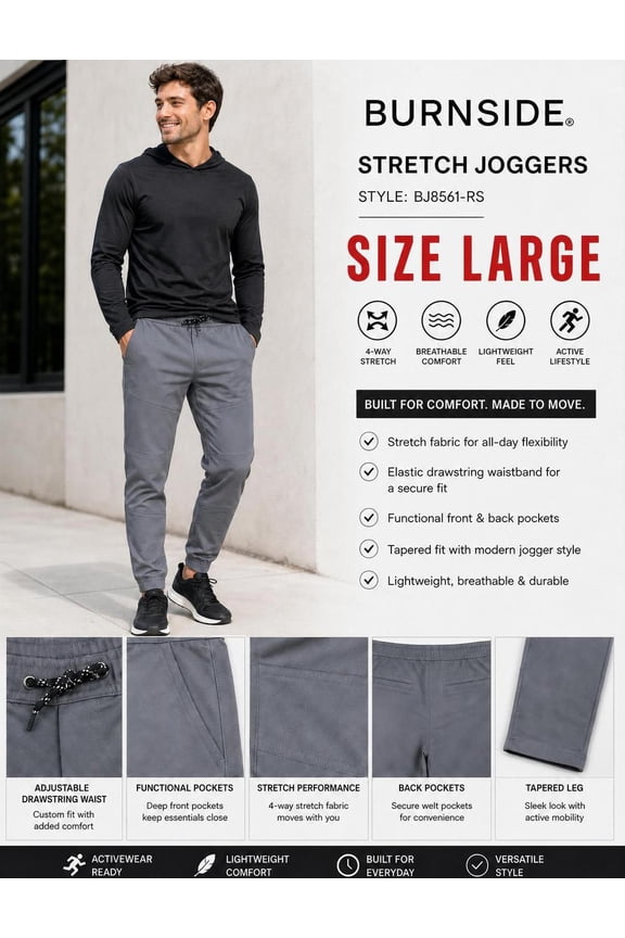 Men's Gray Slim Fit Stretch Twill Jogger Pant Activewear BJ8561 - Large