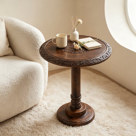 Burnt Brown Star Motif Solid Mango Wood Round Side Table 18"x22", Rustic Accent for Living Room, Bedroom, Sofa Side