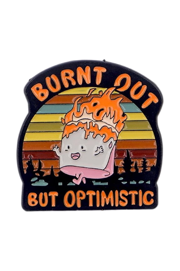 Burnt Out But Optimistic Enamel Pin Funny Camping Lapel Pin Retro Sunset Cartoon Marshmallow Brooch for Clothing Backpacks Hats Jackets Bags Single Piece