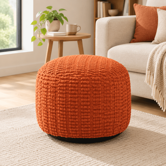 Burnt Orange 20" Stuffed Round Corduroy Pouf Ottoman Foot Rest