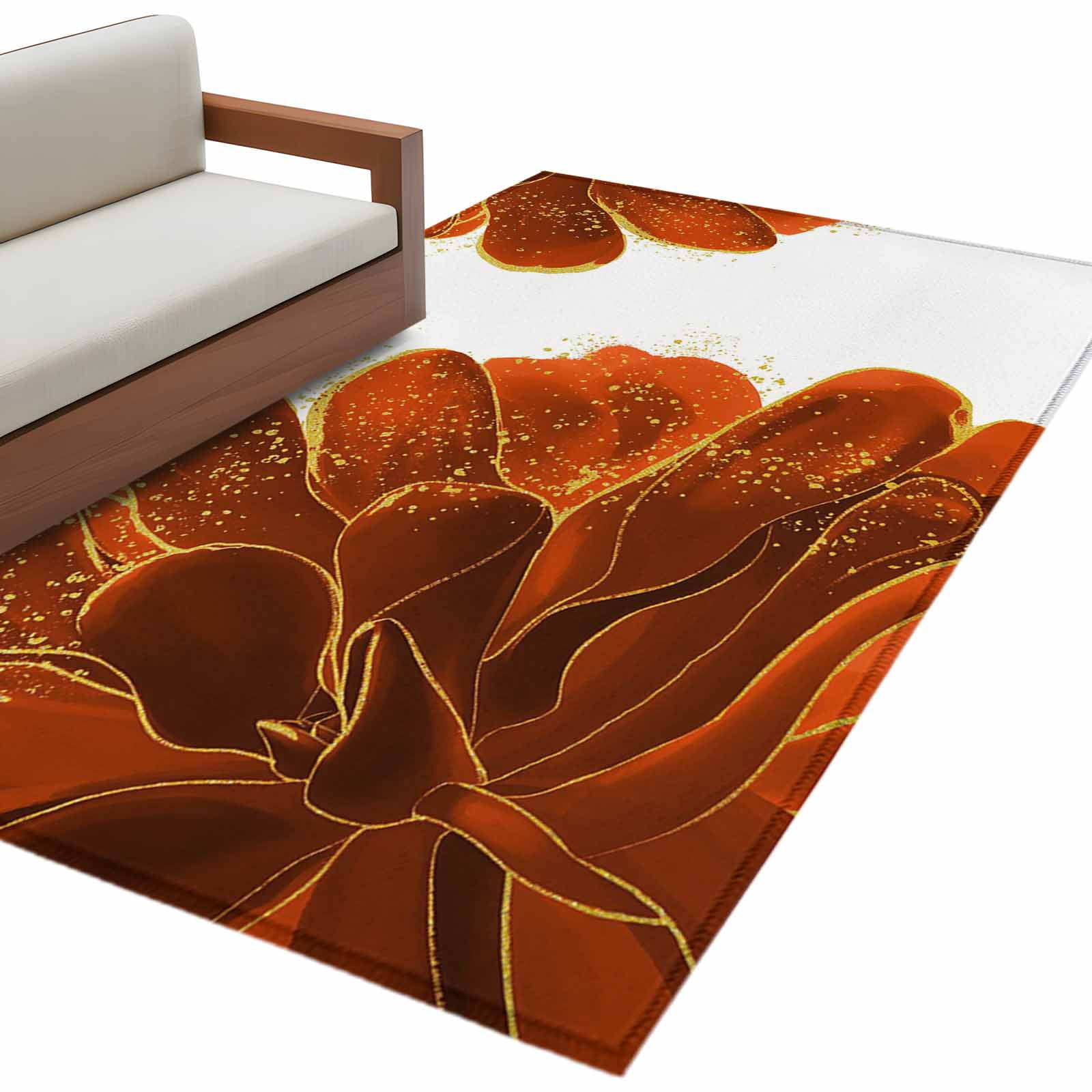 Scorched Rug Burnt Orange 3'x5' Washable Rug, Sparkle Gold Stained Floral Flower Art ...