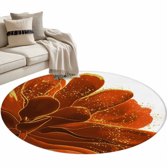 Burnt Orange 3ft Area Rug, Sparkle Gold Stained Floral Flower Art Washable Non-Slip Small Round Rugs for Entryway Bedroom Kitchen, Soft Circle Carpet for Dining Room, Playroom Nursery Rug