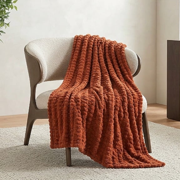 Burnt Orange 50"60" Fuzzy 3D Jacquard Plush Throw Blanket for Fall Home Decor