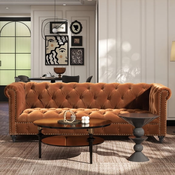 Burnt Orange 88" Tufted Chesterfield Sofa by Alto with Performance Velvet