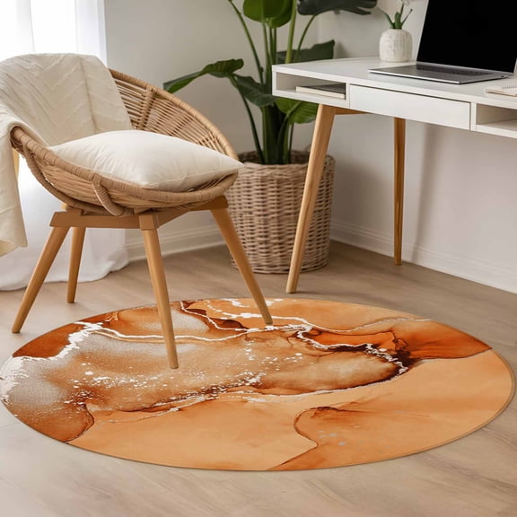 Burnt Orange Abstract 3.3ft Round Rug for Bedroom Reading Corner, Silver Marble Ripples Washable Non Slip Circle Area Rug
