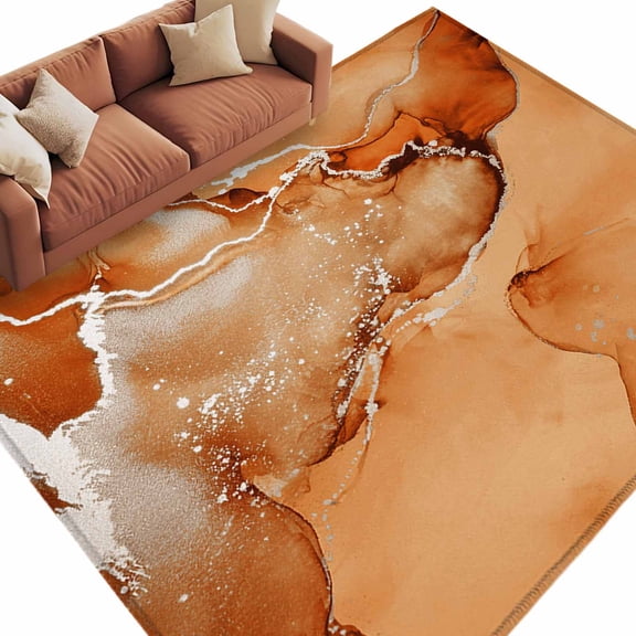 Burnt Orange Abstract Area Rug 5x7ft Silver Marble Ripples Non-Slip Washable Square Rugs Soft Felt Indoor Floor Mat for Bedroom Kitchen Living Room Bathroom